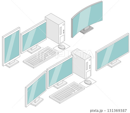 アイソメトリックな主線ありの色々なパソコンのモニターの素材セット アイソメトリックな主線ありの色々なパソコンのモニターの素材セット 131369387