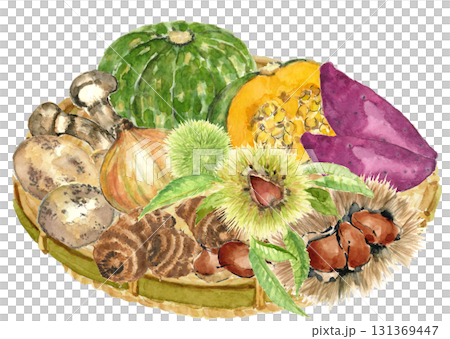 水彩で描いたザルに盛ったいろいろな種類の野菜【手描き】白バック 透過背景 131369447