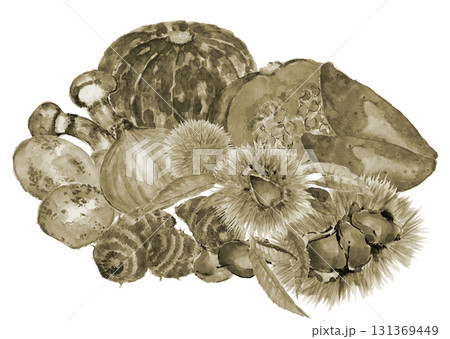 水彩で描いたザルに盛ったいろいろな種類のセピアトーンの野菜【手描き】白バック 透過背景 131369449