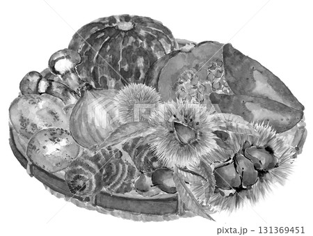 水彩で描いたザルに盛ったいろいろな種類のモノトーンの野菜【水墨画風手描き】白バック 透過背景 131369451