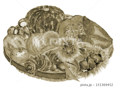 水彩で描いたザルに盛ったいろいろな種類のセピアトーンの野菜【手描き】白バック 透過背景 131369452