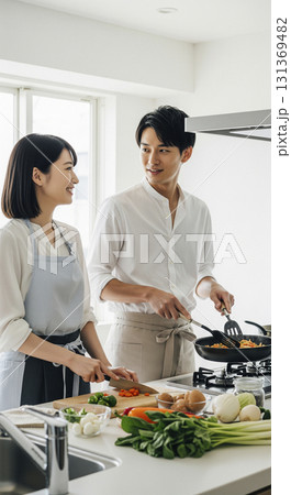 台所で仲良く料理をする夫婦 131369482