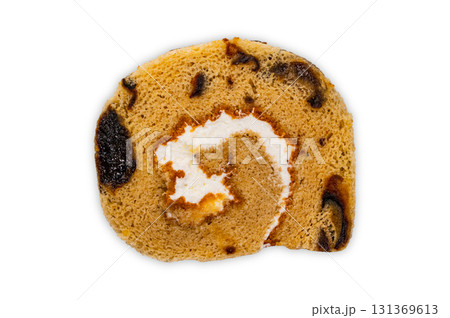 Side view of sliced prunes cake roll or plum cake roll isolated on white background. 131369613