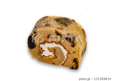 High angle view of homemade sliced prunes cake roll or plum cake roll isolated on white background. 131369614