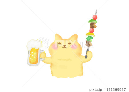 BBQ・ビールとバーべキュー串を持って乾杯するかわいい猫の水彩イラスト素材 BBQ・ビールとバーべキュー串を持って乾杯するかわいい猫の水彩イラスト素材 131369937