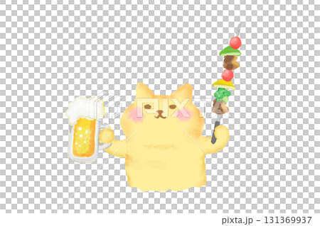 BBQ・ビールとバーべキュー串を持って乾杯するかわいい猫の水彩イラスト素材 BBQ・ビールとバーべキュー串を持って乾杯するかわいい猫の水彩イラスト素材 131369937