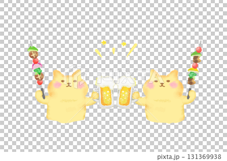 燒烤/水彩畫一隻可愛的貓用啤酒和燒烤串敬酒 燒烤/水彩畫一隻可愛的貓用啤酒和燒烤串敬酒 131369938
