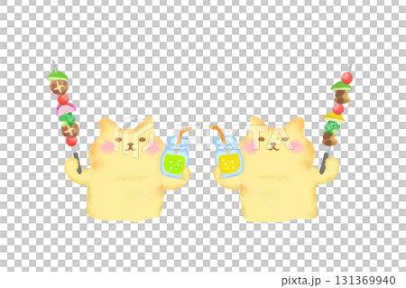 燒烤/水彩畫一隻可愛的貓用飲料和燒烤串敬酒 131369940