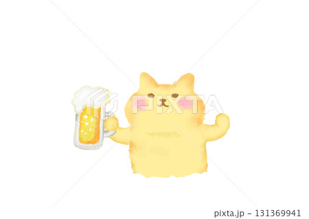 ビールを持って乾杯するかわいい猫の水彩イラスト素材 ビールを持って乾杯するかわいい猫の水彩イラスト素材 131369941