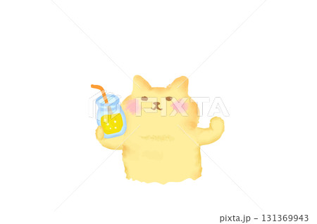 ドリンクを持って乾杯するかわいい猫の水彩イラスト素材 131369943