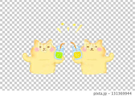ドリンクを持って乾杯するかわいい猫の水彩イラスト素材 131369944