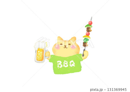 BBQ・ビールとバーべキュー串を持って乾杯するかわいい猫の水彩イラスト素材 BBQ・ビールとバーべキュー串を持って乾杯するかわいい猫の水彩イラスト素材 131369945
