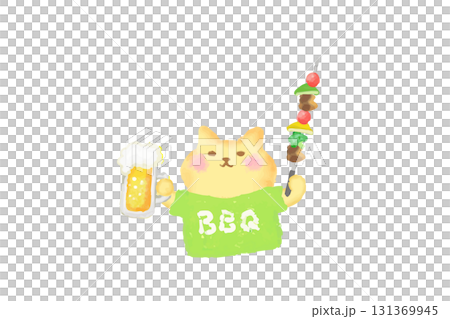 BBQ・ビールとバーべキュー串を持って乾杯するかわいい猫の水彩イラスト素材 BBQ・ビールとバーべキュー串を持って乾杯するかわいい猫の水彩イラスト素材 131369945