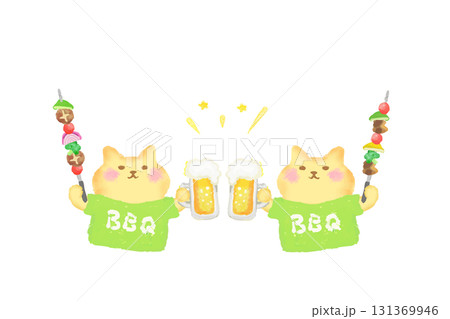 BBQ・ビールとバーべキュー串を持って乾杯するかわいい猫の水彩イラスト素材 131369946