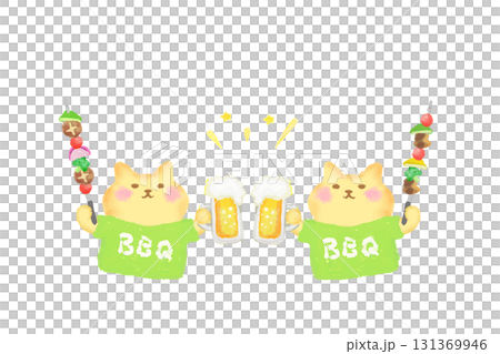 BBQ・ビールとバーべキュー串を持って乾杯するかわいい猫の水彩イラスト素材 131369946