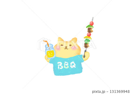 BBQ・ドリンク片手にバーべキューを楽しむかわいい猫の水彩イラスト素材 131369948