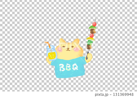 BBQ・ドリンク片手にバーべキューを楽しむかわいい猫の水彩イラスト素材 131369948