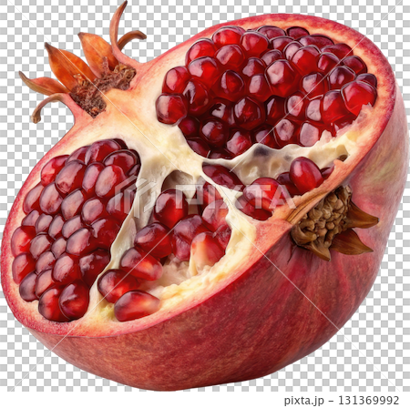 A half cut ripe pomegranate revealing its vibrant red arils and seeds A half cut ripe pomegranate revealing its vibrant red arils and seeds 131369992