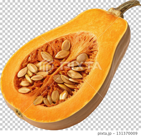 Butternut squash cut in half revealing its orange flesh and seeds 131370009