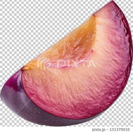 Close up of a fresh plum slice showing its vibrant flesh and skin 131370010