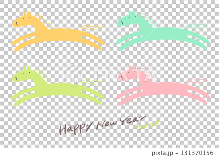 可愛又流行的新年插圖，描繪了四匹奔跑的彩色駿馬。 2026 書法 手寫字體 131370156