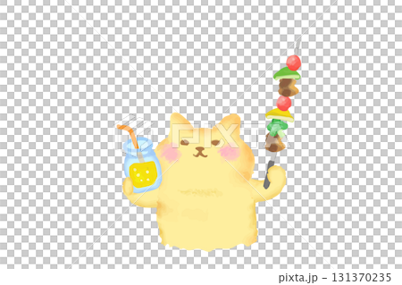 BBQ / Watercolor illustration of a cute cat toasting with a drink and a barbecue skewer 131370235