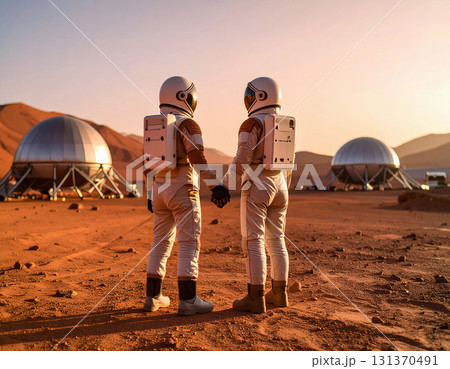 Two astronauts holding hands in front of Mars domes Two astronauts holding hands in front of Mars domes 131370491