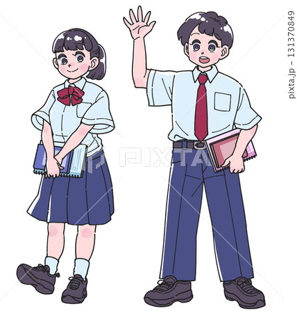 夏服の制服を着た男の子と女の子の生徒の全身イラスト 131370849