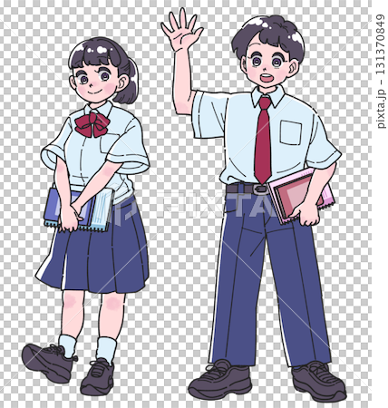 夏服の制服を着た男の子と女の子の生徒の全身イラスト 131370849