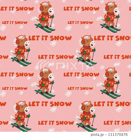Seamless pattern of cartoon horse skiing in red sweater with Let It Snow text and snowflakes on pink background 131370876