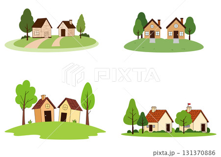 Cartoon Houses on Green Hills 131370886