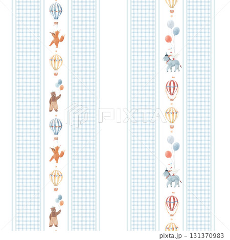 Seamless watercolor kids pattern with animals, balloons and hot air balloons on blue striped background. Cute nursery design for fabric and wallpaper 131370983