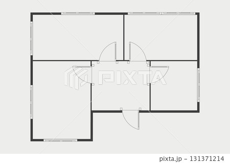 Floor plan simple icon room flat apartment modern unfurnished house line drawing, floor plan project, symbol. Technical architecture draw. Structure shape, build layout with doors and windows. 131371214