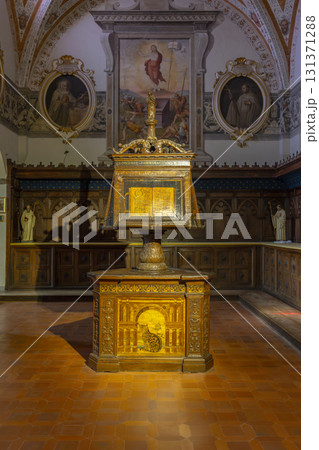 Ornate Renaissance wooden lectern inside Monte Oliveto Maggiore abbey Ornate Renaissance wooden lectern inside Monte Oliveto Maggiore abbey 131371288