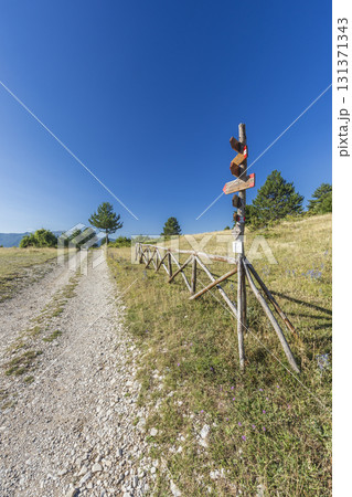 Signpost showing hiking directions along rural path in Arquata del Tronto 131371343