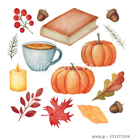 Watercolor autumn set of orange pumpkins,cup of warm drink, candles, fallen leaves, acorn, book and candle. Cozy fall 131371534