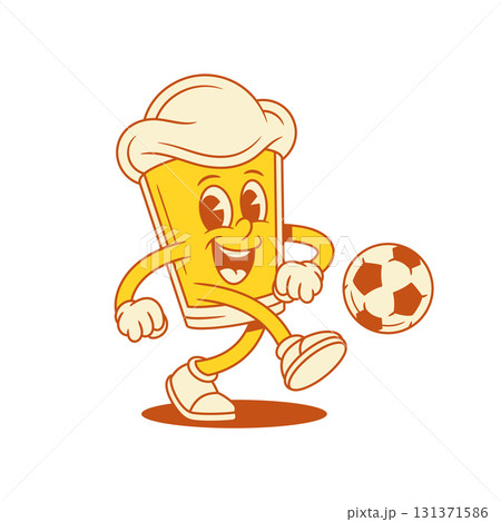 Comic beer glass cartoon character playing soccer vector flat illustration Comic beer glass cartoon character playing soccer vector flat illustration 131371586