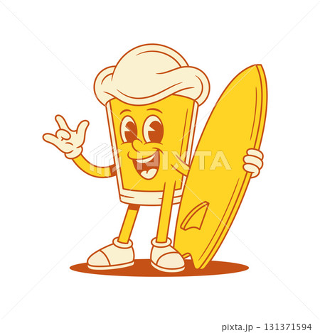 Comic beer glass cartoon character with surfboard vector flat illustration 131371594