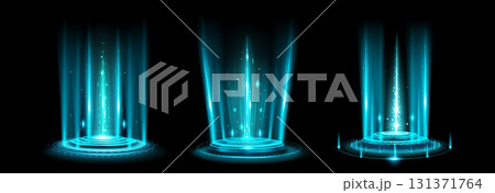 AI hologram portal with cyan light beams AI hologram portal with cyan light beams 131371764