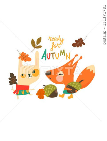 Cute Bunny in Sweater standing with Funny Fox with Acorn Cute Bunny in Sweater standing with Funny Fox with Acorn 131371781