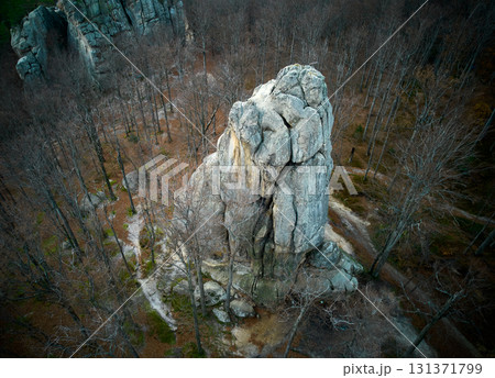 Aerial view of impressive rock formations nestled within bare forest. Scattered patches of greenery add depth to autumnal landscape. Dovbush Rocks, Carpathian mountains, Ukraine. Aerial view of impressive rock formations nestled within bare forest. Scattered patches of greenery add depth to autumnal landscape. Dovbush Rocks, Carpathian mountains, Ukraine. 131371799