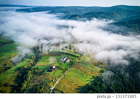 Aerial view of dense forest partially shrouded in mist, revealing patches of vibrant green trees. Fog gradually unveils quaint village nestled among trees, creating serene and enchanting landscape. Aerial view of dense forest partially shrouded in mist, revealing patches of vibrant green trees. Fog gradually unveils quaint village nestled among trees, creating serene and enchanting landscape. 131371805