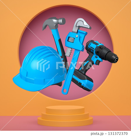 Construction tools and safety equipment floating over podium on abstract background, industrial work and protection concept Construction tools and safety equipment floating over podium on abstract background, industrial work and protection concept 131372370