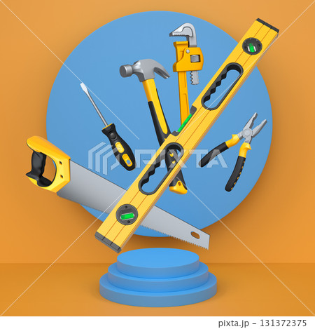 Construction tools and safety equipment floating over podium on abstract background, industrial work and protection concept Construction tools and safety equipment floating over podium on abstract background, industrial work and protection concept 131372375