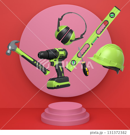 Construction tools and safety equipment floating over podium on abstract background, industrial work and protection concept 131372382