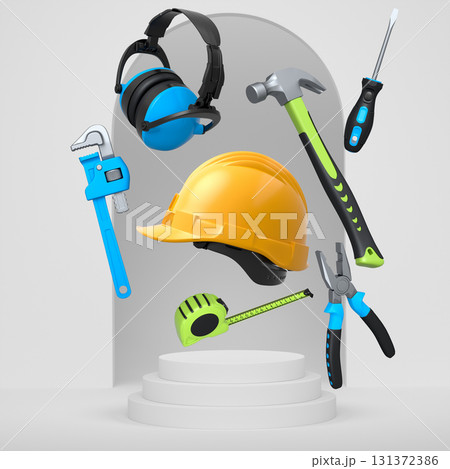 Construction tools and safety equipment floating over podium on abstract background, industrial work and protection concept Construction tools and safety equipment floating over podium on abstract background, industrial work and protection concept 131372386
