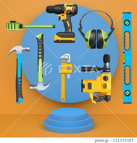 Construction tools and safety equipment floating over podium on abstract background, industrial work and protection concept Construction tools and safety equipment floating over podium on abstract background, industrial work and protection concept 131372387