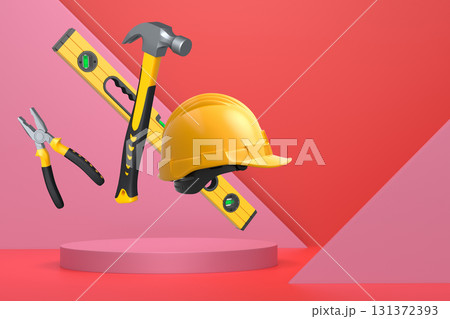 Construction tools and safety equipment floating over podium on abstract background, industrial work and protection concept Construction tools and safety equipment floating over podium on abstract background, industrial work and protection concept 131372393