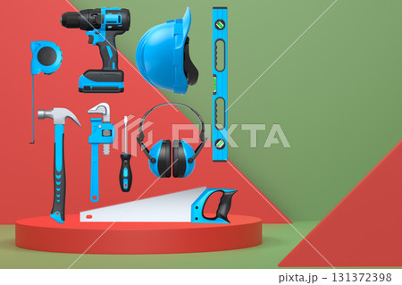 Construction tools and safety equipment floating over podium on abstract background, industrial work and protection concept 131372398