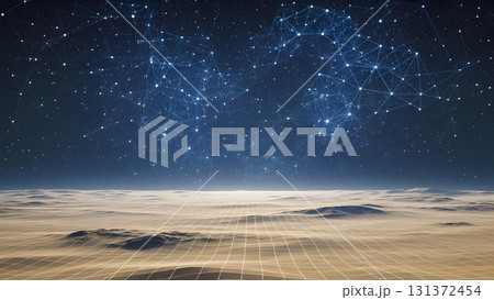 Futuristic landscape: A digital desert under a starry sky and data networks. Futuristic landscape: A digital desert under a starry sky and data networks. 131372454